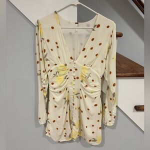 Free People Cream Polka Dot Floral Ruched Button Front Dress